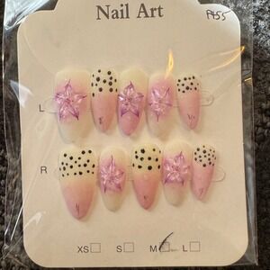 Press‎ On Nails Pink Floral Black Dot Almond Fake Nails